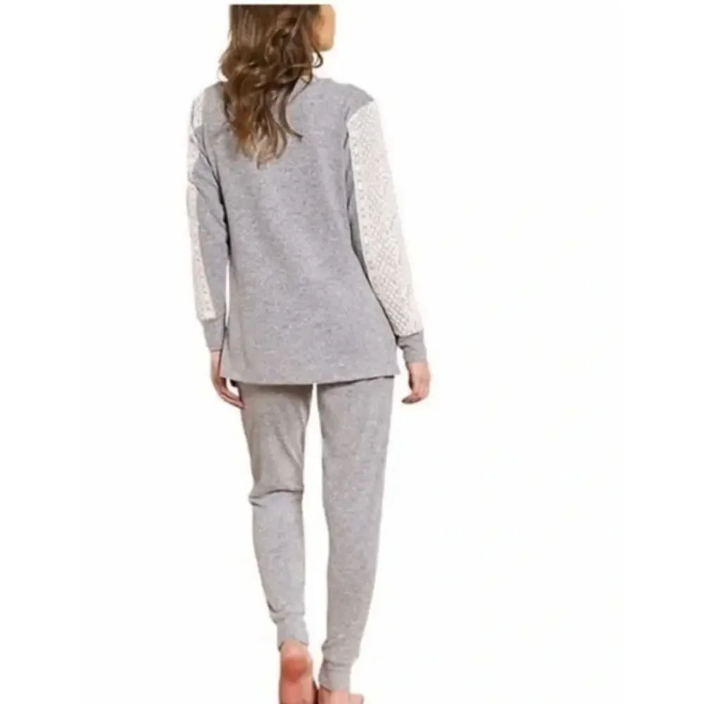 Flora Nikrooz Gray Soft Pajamas SMALL Lace Set Cozy Loungewear Romantic $88 - Picture 4 of 10